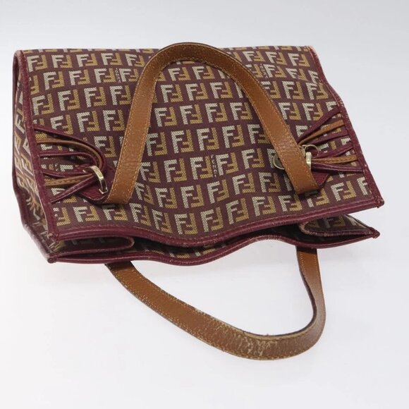 FENDI Zucchino Canvas Hand Bag Wine Red Gold Auth 120902 - Picture 7 of 16